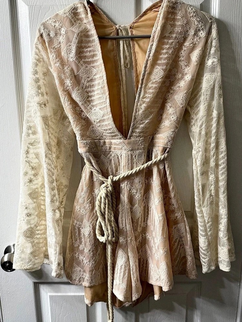 For Love & Lemons Country Rose Lace Romper Cream & Pink